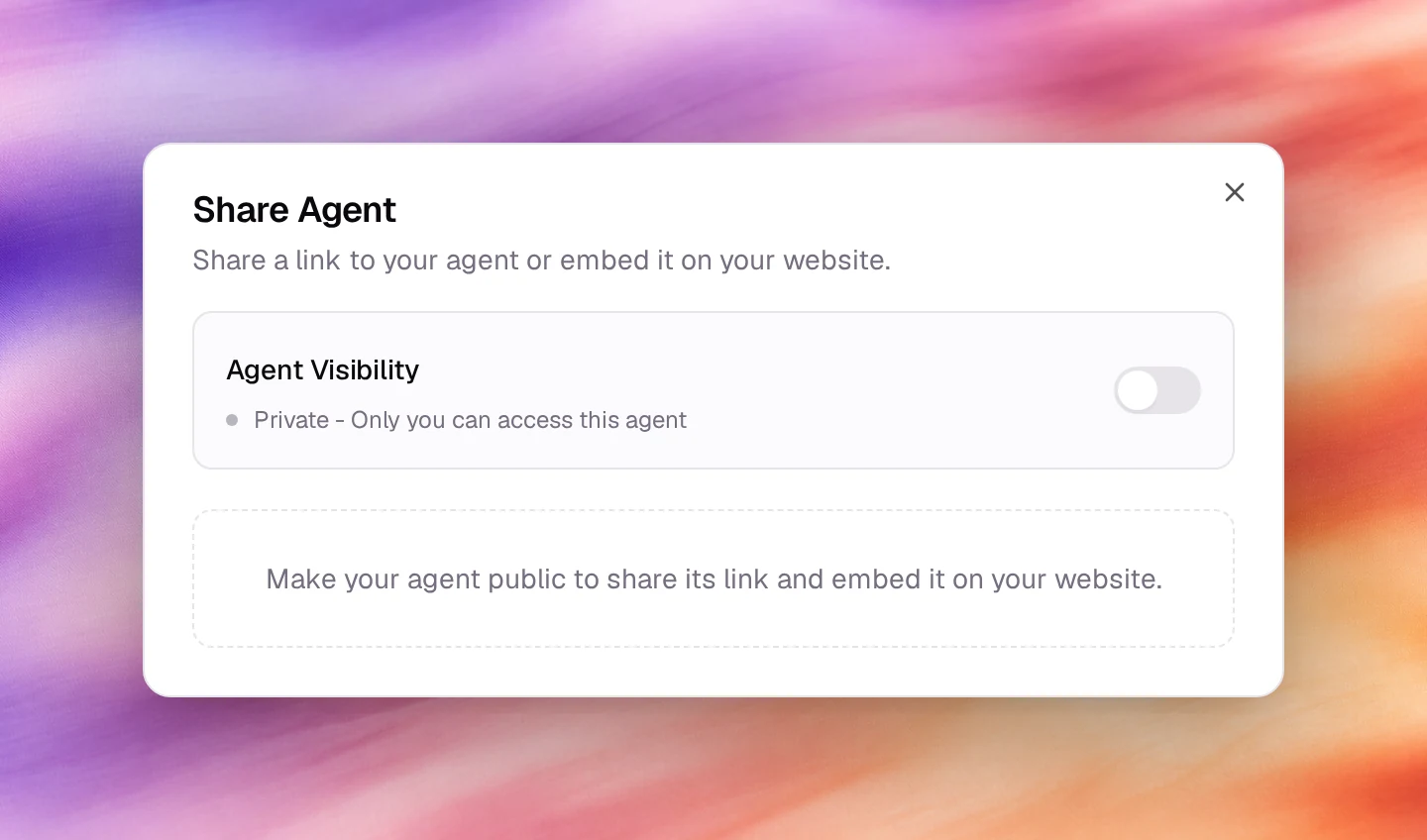 The Share Agent dialog with the Agent Visibility switch off