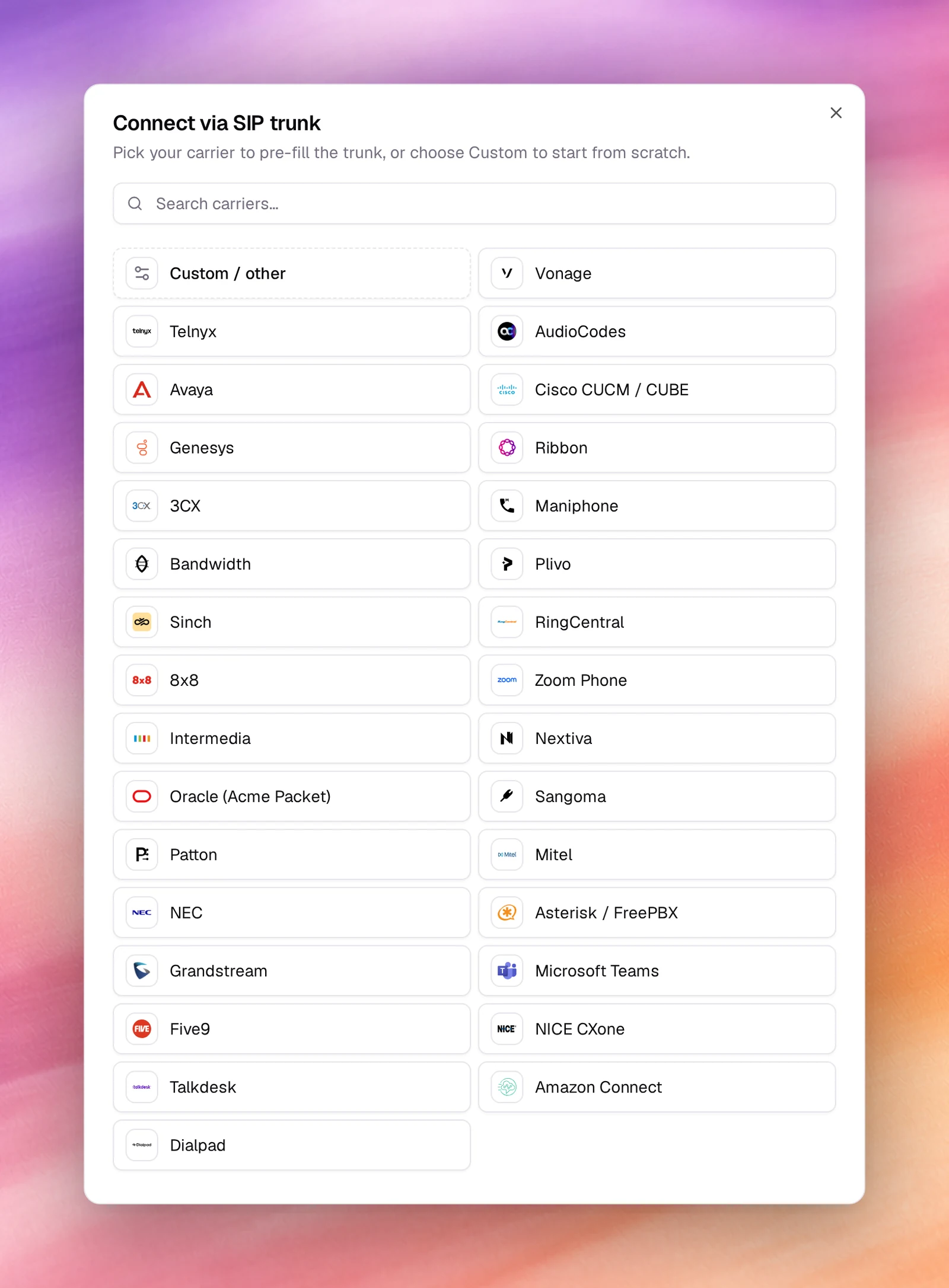 The Connect via SIP trunk dialog listing carriers with a search box