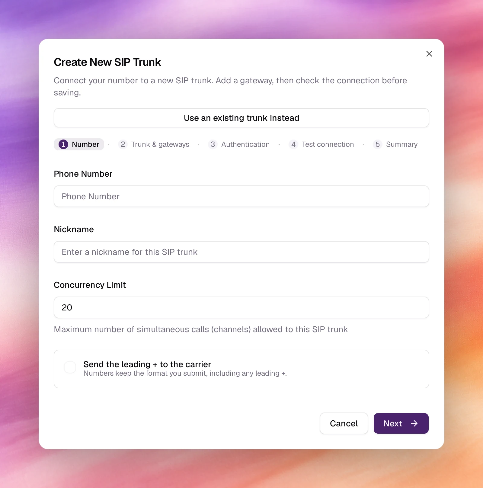 The Create New SIP Trunk wizard on the Number step, with Phone Number, Nickname, Concurrency Limit and the leading plus switch