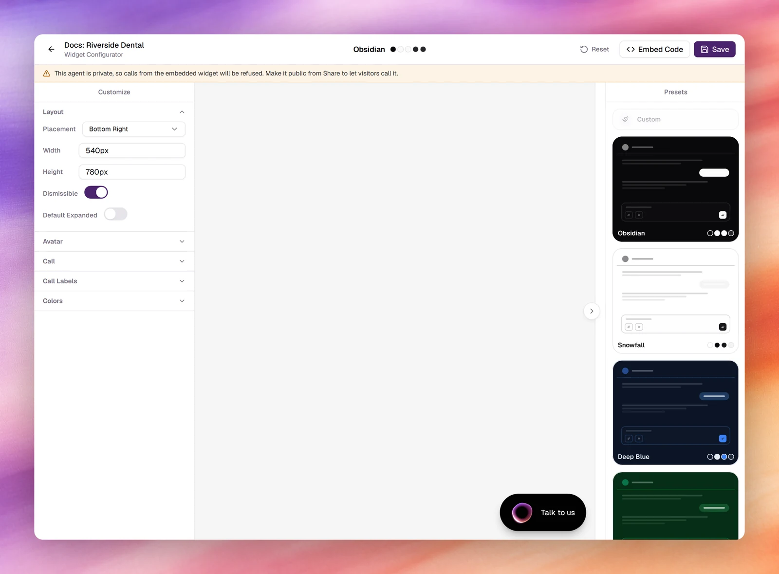 The Widget Configurator with the Customize form, the live preview and the preset column