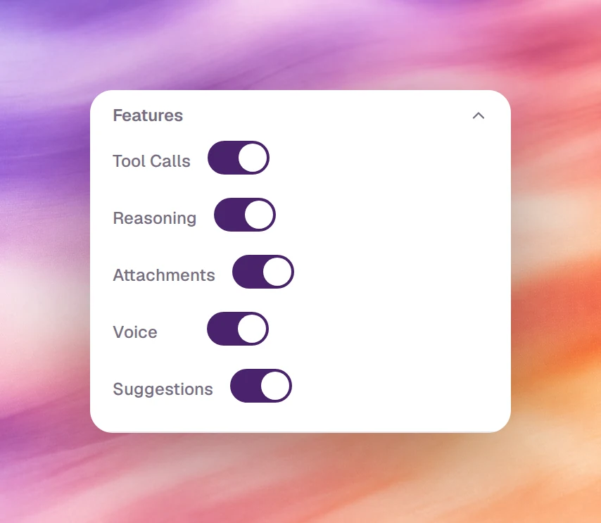 The Features section of the widget designer with Tool Calls, Reasoning, Attachments, Voice and Suggestions