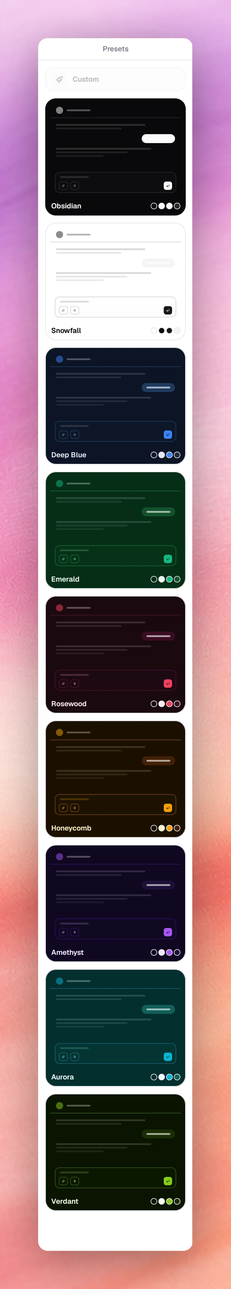 The nine widget presets from Obsidian to Verdant