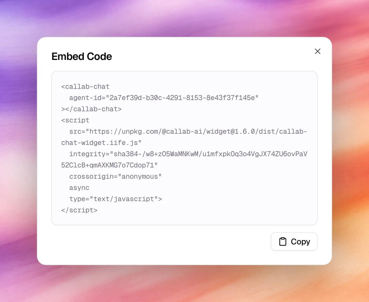 The Embed Code dialog with the callab-chat element and script tag