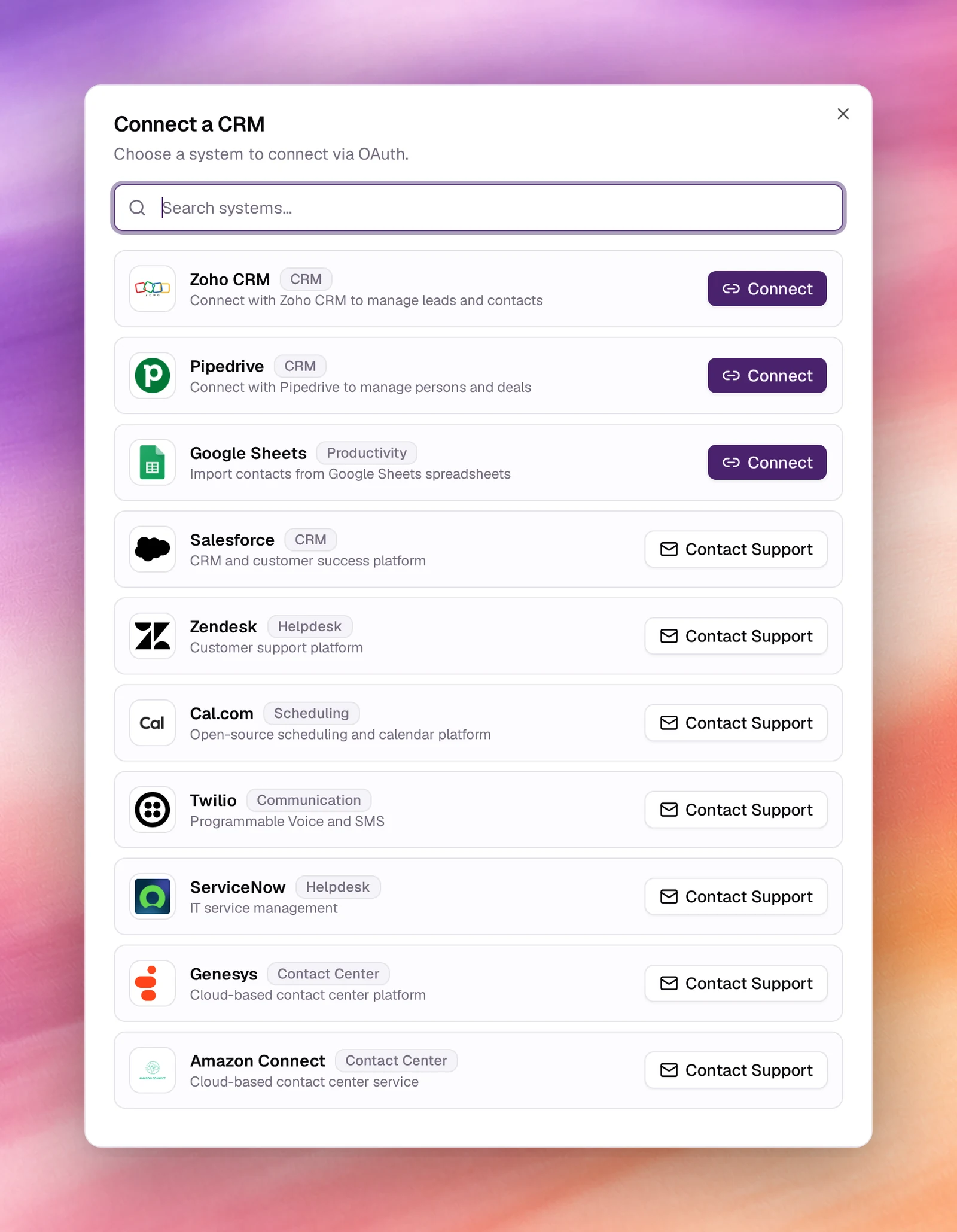 The Connect a CRM dialog listing HubSpot, Zoho CRM, Pipedrive, Google Sheets and the Contact Support systems