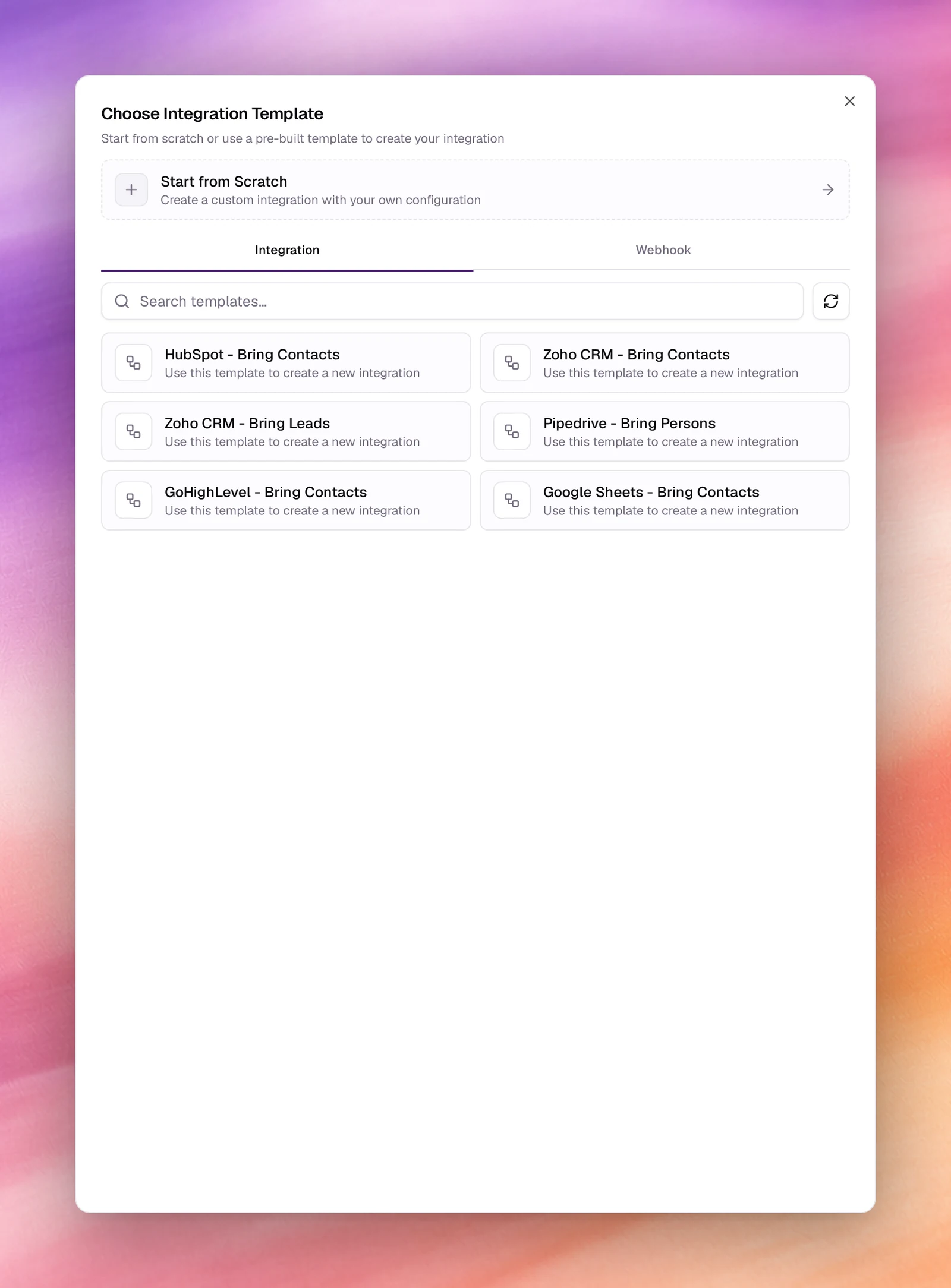 The Choose Integration Template dialog
