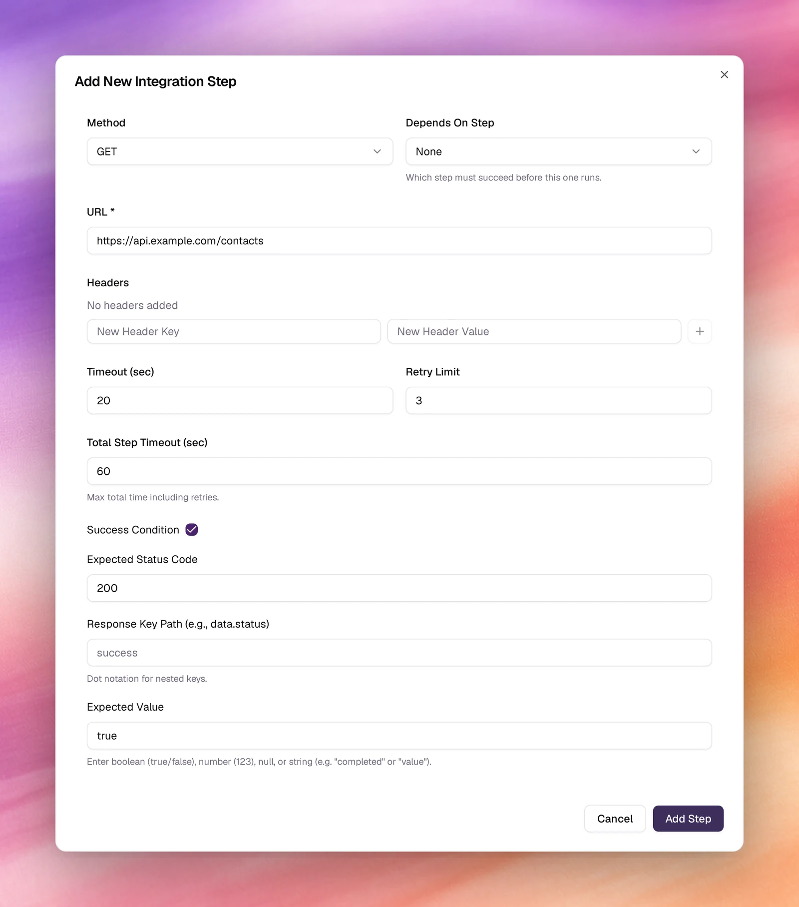 The Add New Integration Step dialog with Method, Depends On Step, URL, Headers, timeouts, retry limit and a success condition