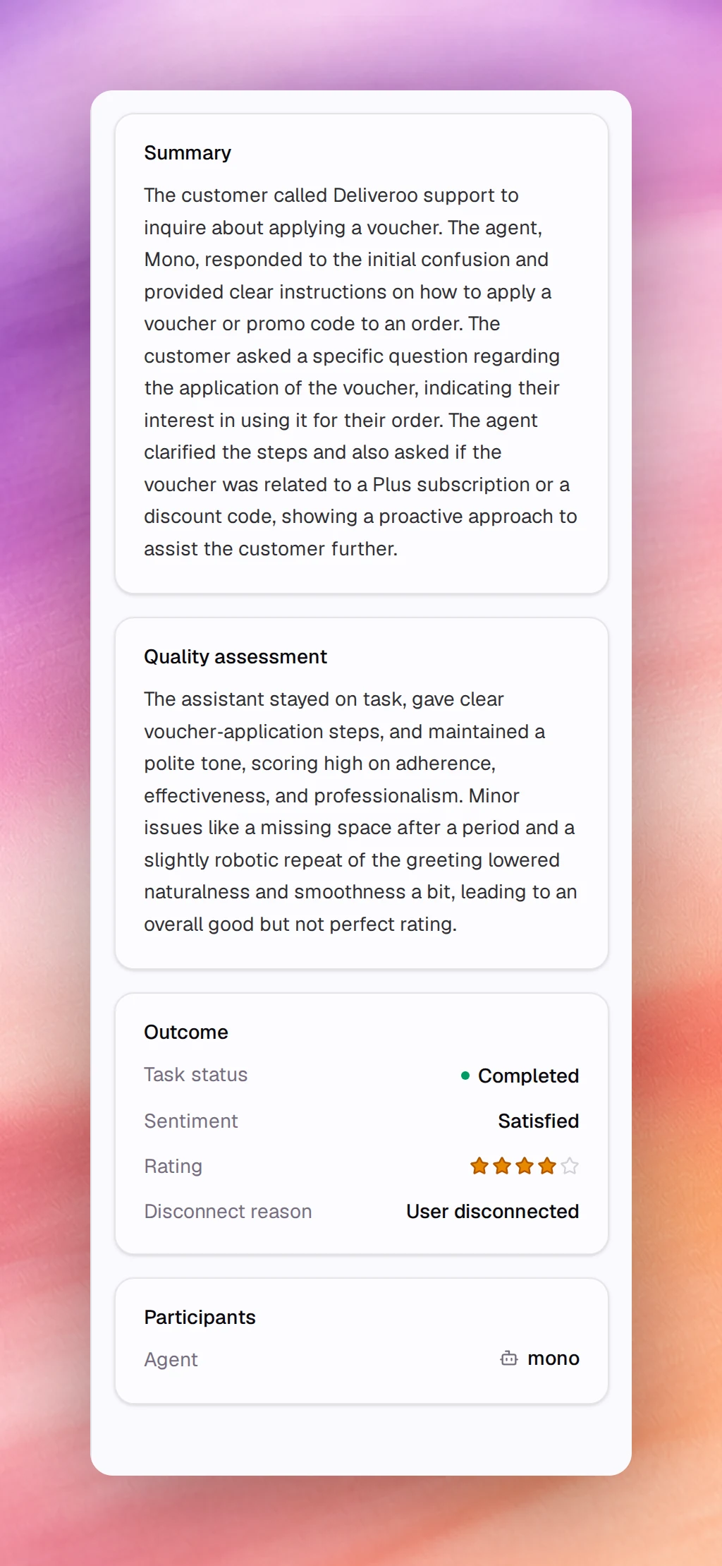 The Summary, Quality assessment and Outcome cards for one call