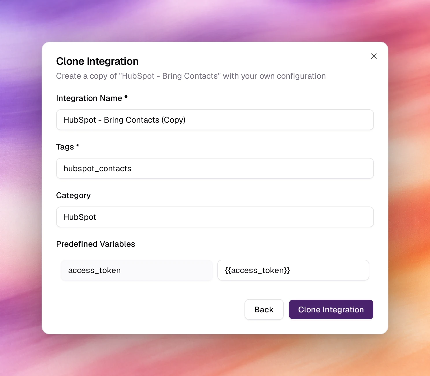 The Clone Integration dialog with name, tags, category and the access_token variable