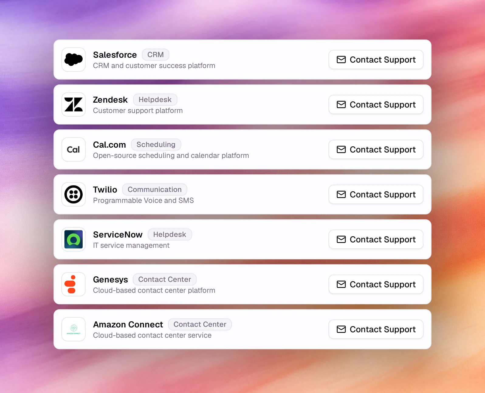 Salesforce, Zendesk, Cal.com, Twilio, ServiceNow, Genesys and Amazon Connect cards with Contact Support buttons