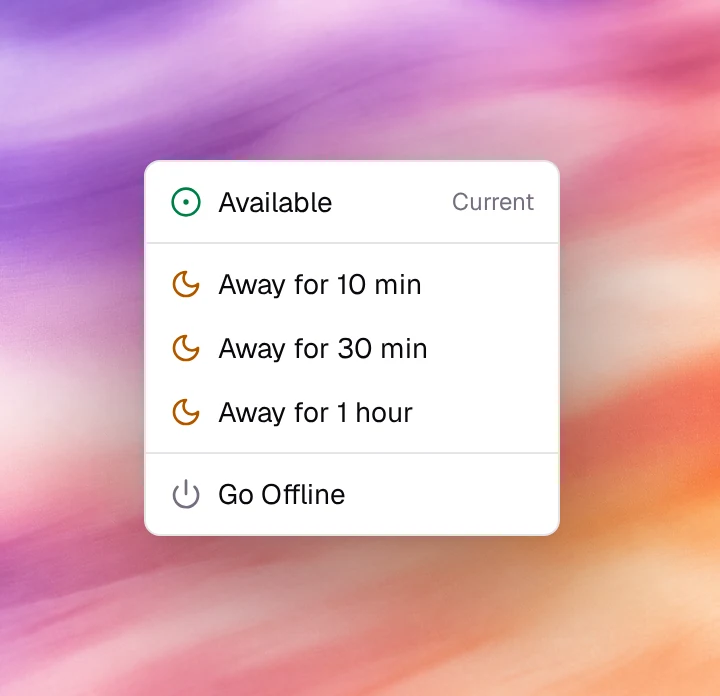 The availability menu with Available marked Current, three Away options and Go Offline