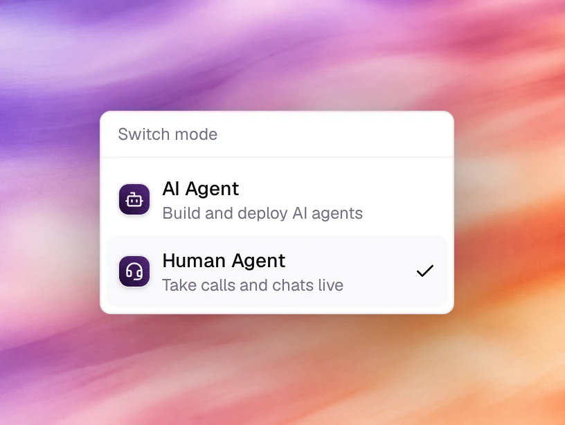 The Switch mode menu with AI Agent and Human Agent, Human Agent checked