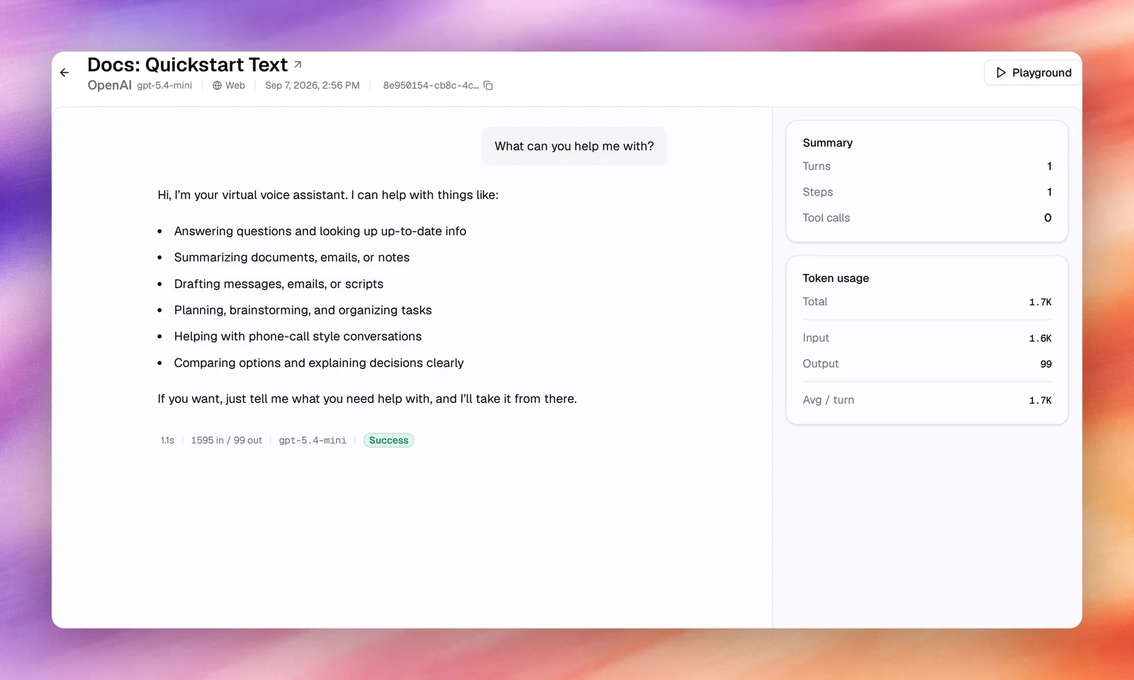 A conversation thread with response time, token counts, model and status under the reply, and Summary and Token usage cards