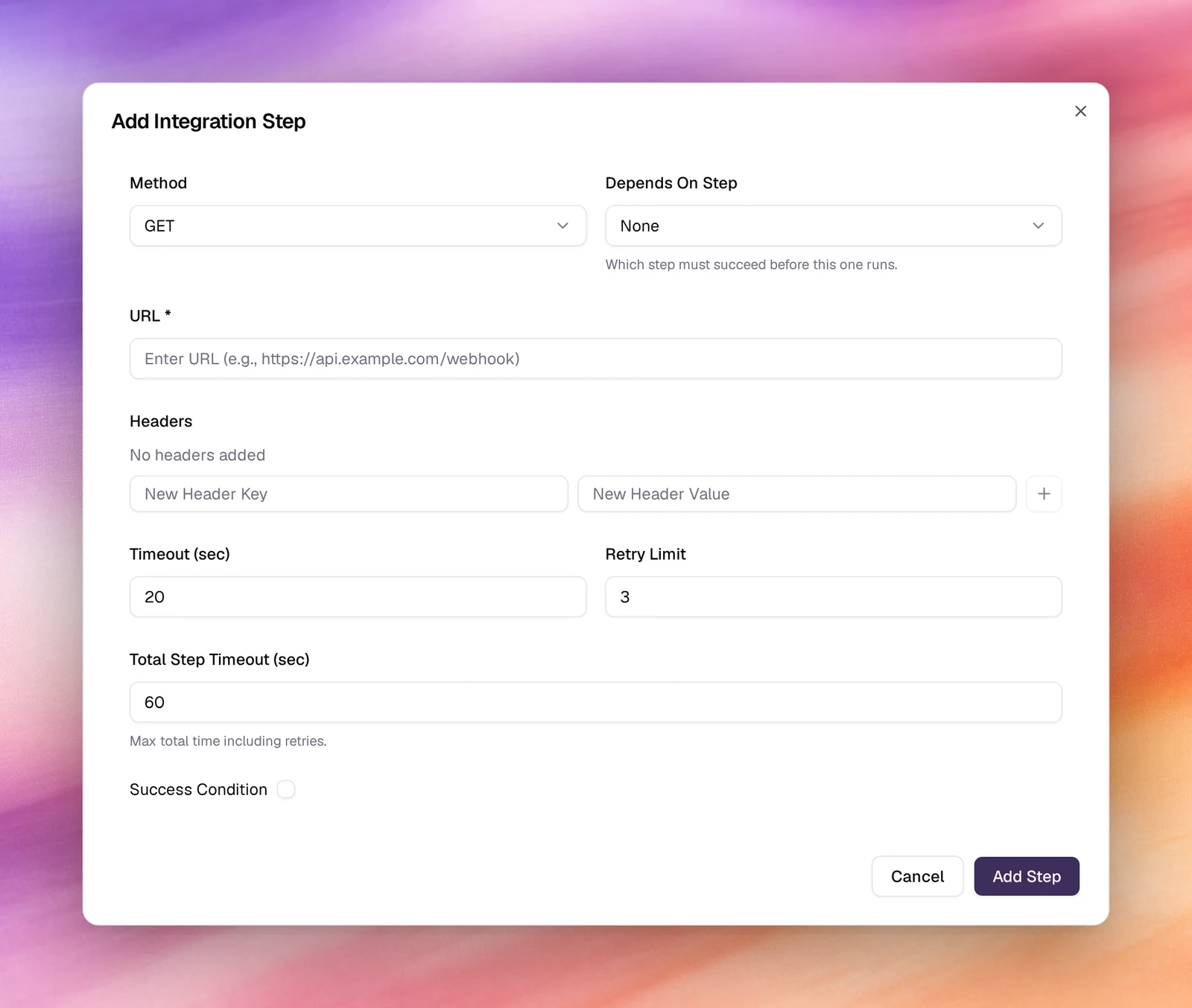 The Add Integration Step dialog opened from the Steps step of Create Custom Webhook