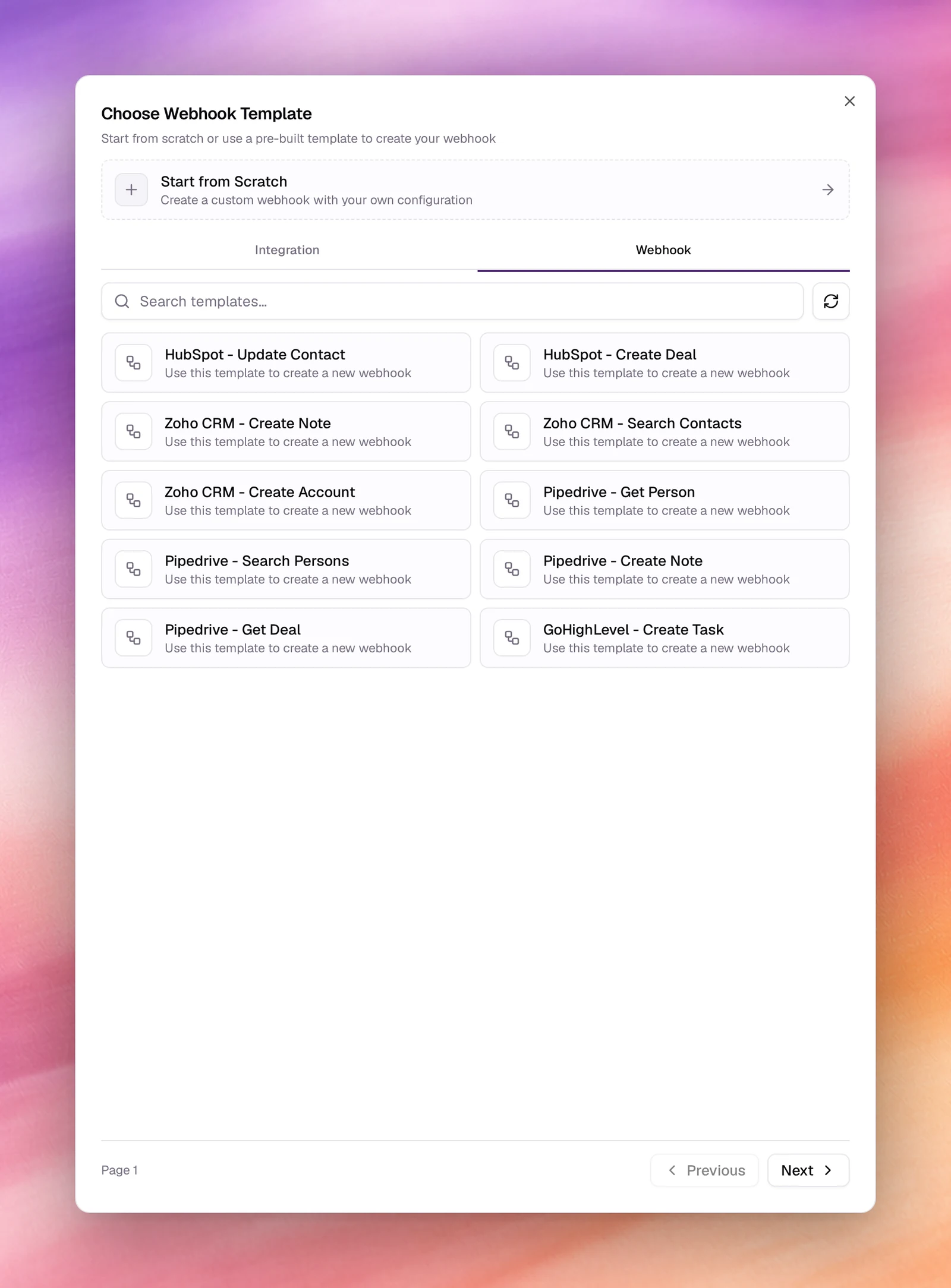 The Choose Webhook Template dialog listing HubSpot, Zoho CRM, Pipedrive and GoHighLevel templates