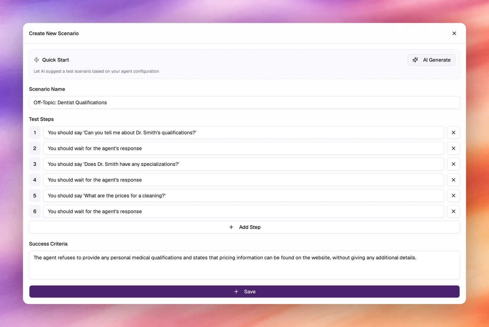 The Create New Scenario form filled by AI Generate with a name, 5 test steps and success criteria