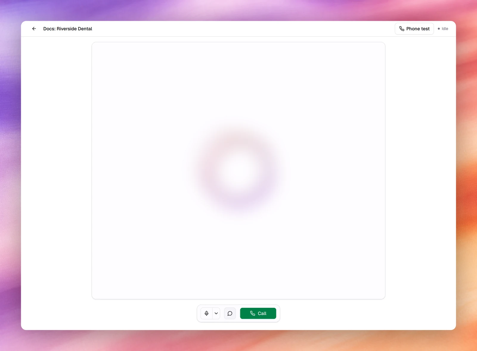The Call test header showing Idle, Toggle mute, Select microphone, Show Transcript and the Call button