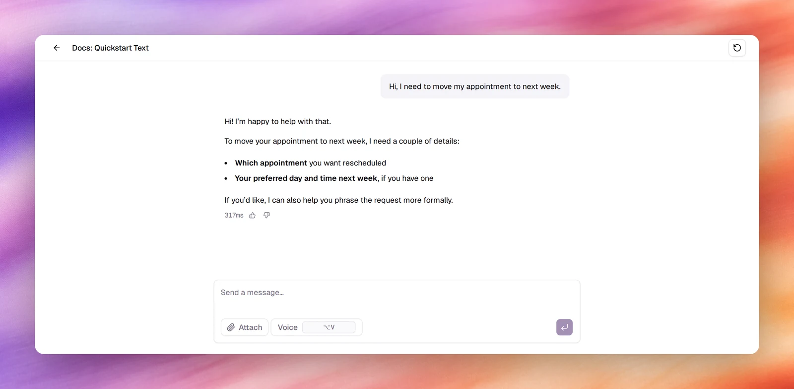The chat test with a sent message, the agent's reply and the Helpful and Not helpful buttons