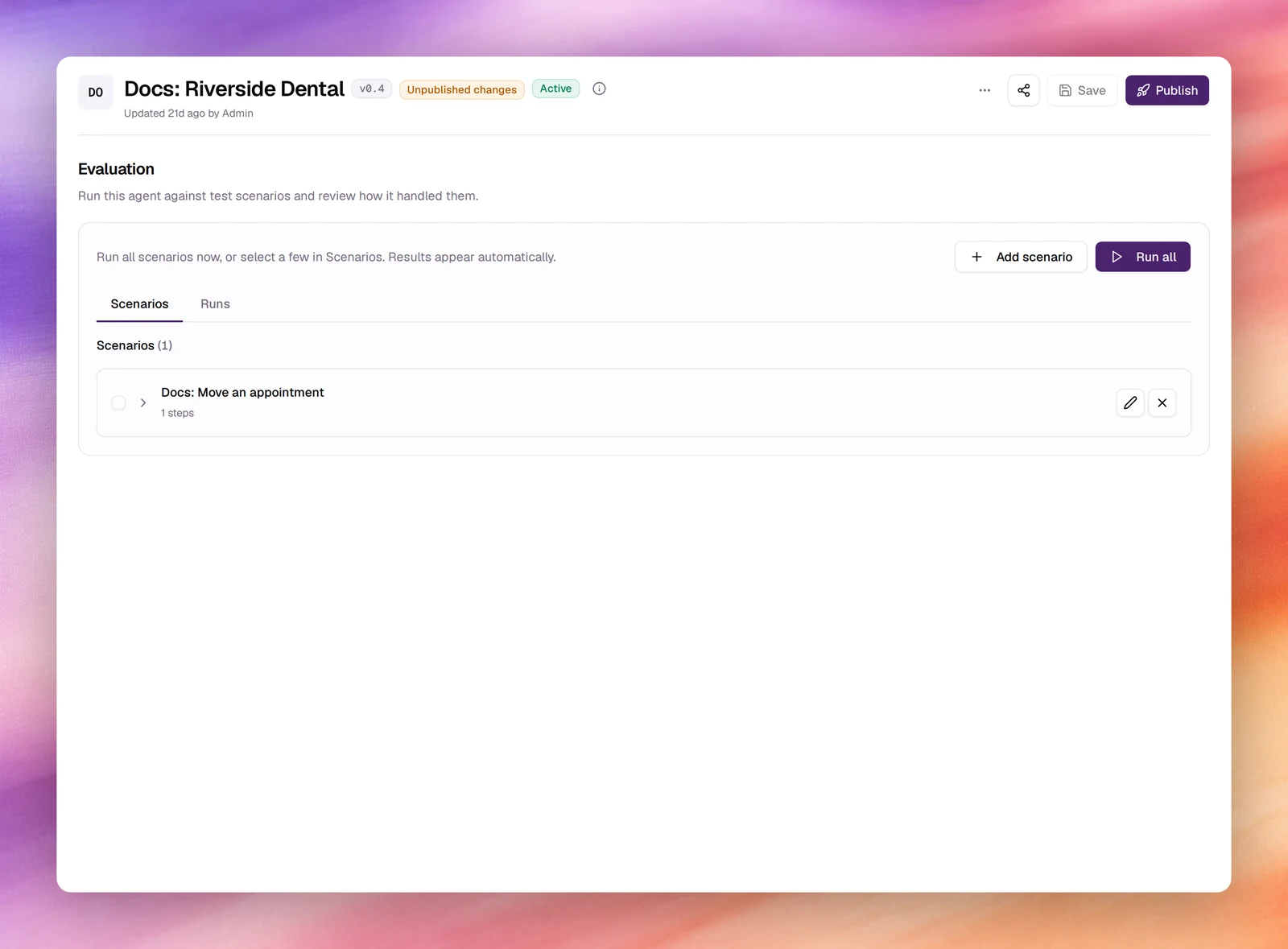 The Evaluation section with the Add scenario and Run all buttons, the Scenarios and Runs tabs and one scenario